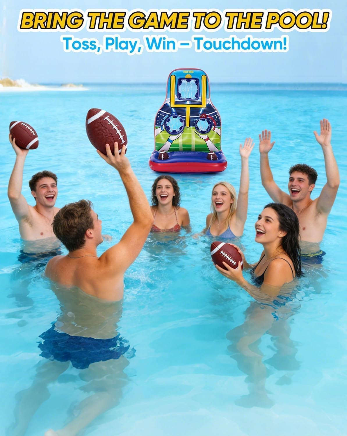 Luottis Inflatable Football Toss Pool Game Set – Floating Pool Games for Kids, Teens & Adults, Family, Includes 4 Footballs + 2 Pumps, Summer Swimming Pool Toys for Party, Beach, Lawn, Indoor/Outdoor