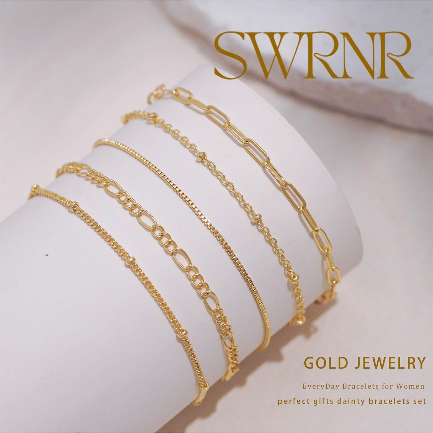 Gold Bracelets for Women, Dainty 14K Gold Plated Bracelet Stack for Women Trendy CZ Tennis Paperclip Cuban Chain Stackable Adjustable Waterproof Link Bracelet Jewelry Set Fashion Accessories Gifts