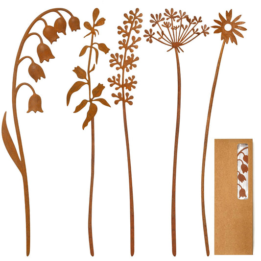 VIS'V Metal Decorative Garden Stakes, 15.7 Inch Rusty Flower Plant Yard Art Stakes for Outdoor Indoor Decor, 5 Pcs