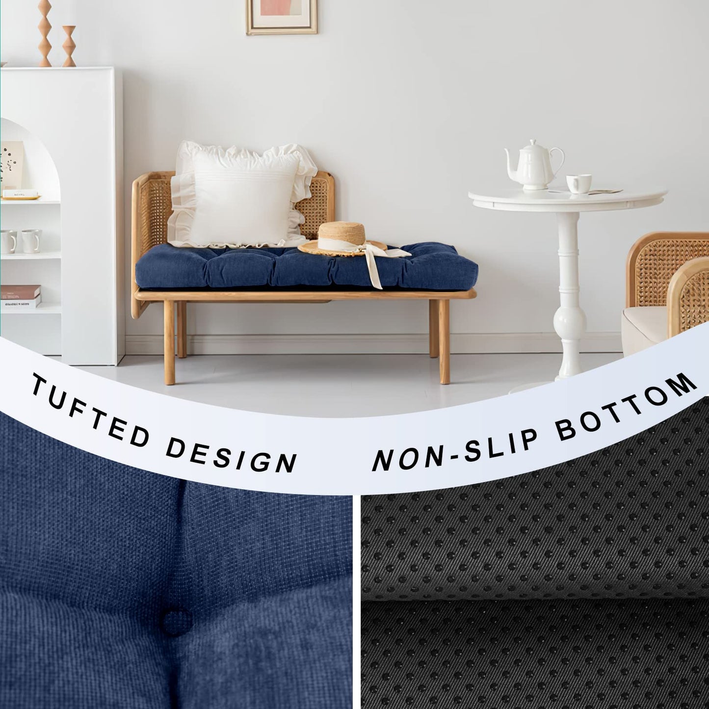 ROFIEJOX 36 Inch Bench Cushion, Tufted Window Seat Cushion with High-Density Memory Foam, Soft Chenille Non-Slip Indoor Furniture Pad for Bay Window, Dining Bench, Entryway (Deep Blue, 36x14x4)