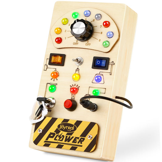 Joyreal Toddler Busy Board, Wooden Montessori Busy Board Sensory Board with LED Light Switch, Sensory Toys Baby Fidget Board Travel Toys for Toddler