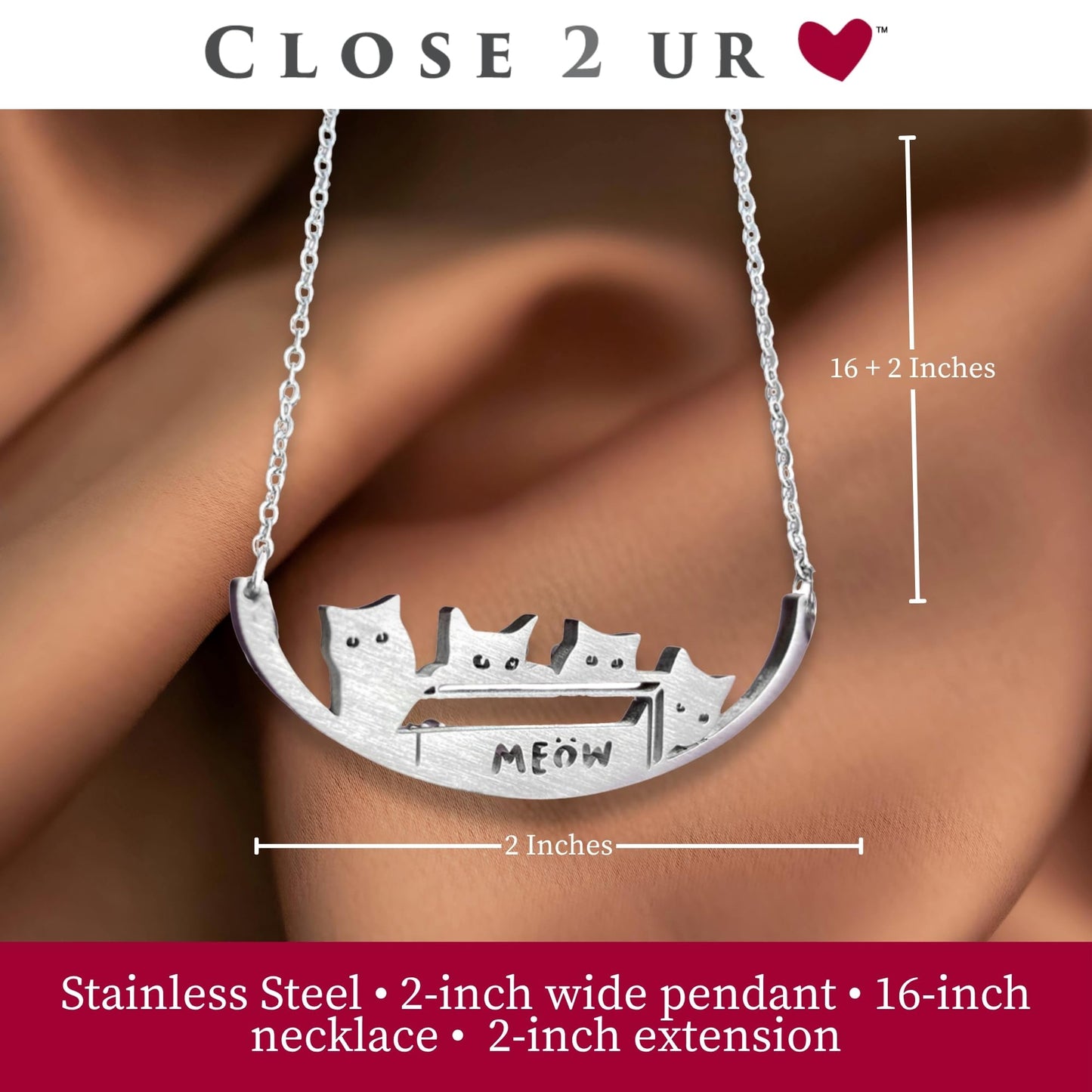 Close 2 UR Heart Stainless Steel Necklace - Cat In The Box | Animal Inspired Pendant With Meaningful Message | Durable Handmade Jewelry Gift | Made In USA