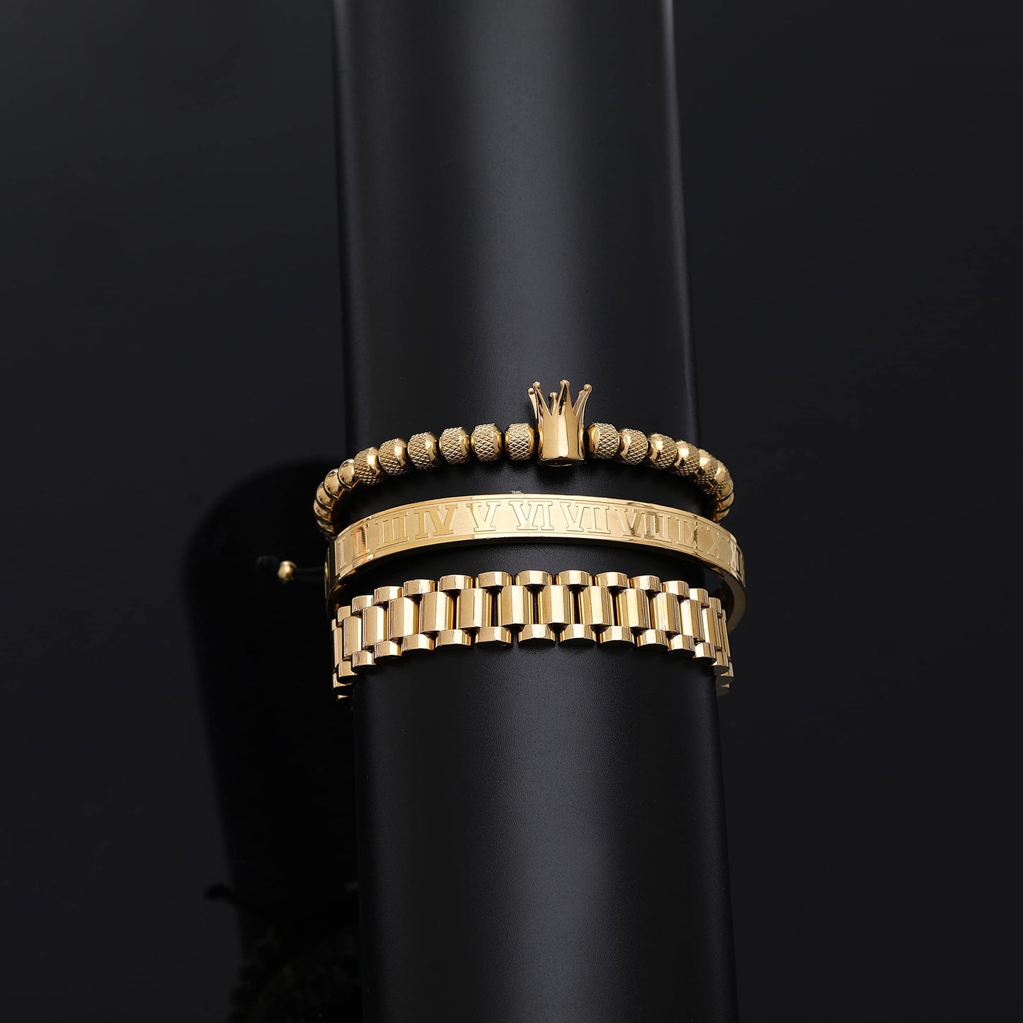 WFYOU 3PCS Stainless Steel Bracelets for Men Gold Roman Numeral Bangle Bracelet Twisted Cable Bracelet Adjustable Cuff Bracelet Mens Luxury Jewelry Bracelets Gifts(F:Gold)