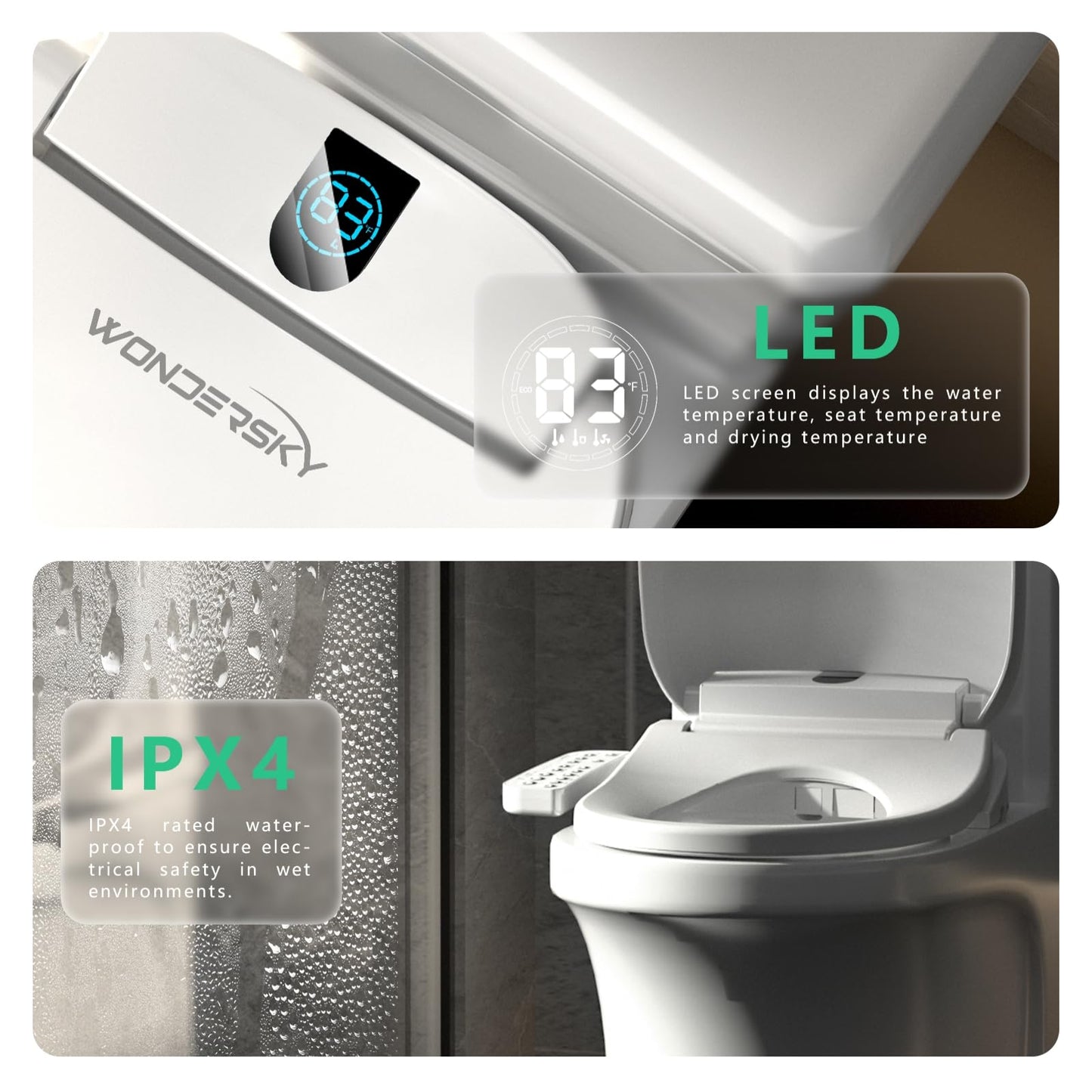 WONDERSKY Elongated Bidet Toilet Seat, Smart Heated Toilet Seat with Warm Water and Dryer, Soft Close Bidet Seat with Adjustable Temperature, Stainless Steel Nozzle