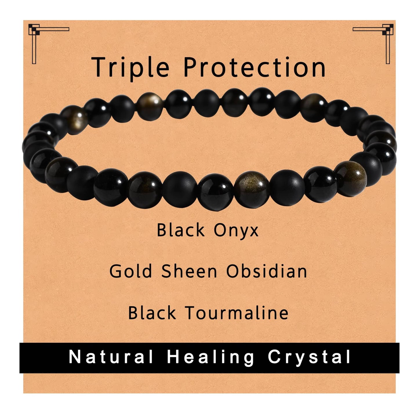 Gracayfr Black Tourmaline Obsidian Bracelet Triple Empath Protection Onyx Healing Crystals Spiritual Natural Stone Gemstone Stretch Gold Sheen