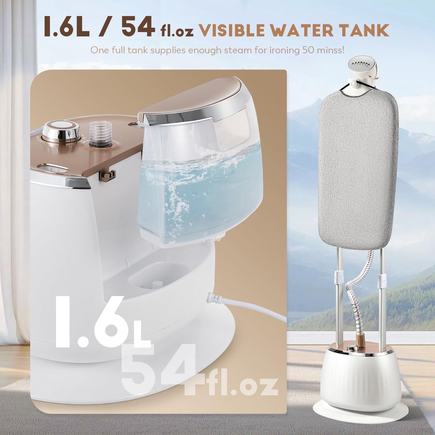 CGOLDENWALL 3-in-1 Standing Garment Steamer for Clothes, with Flat & Hanging & Diagonal Iron Options, 10-Level Steam, Includes Garment Hanger, Ironing Board, and Gloves