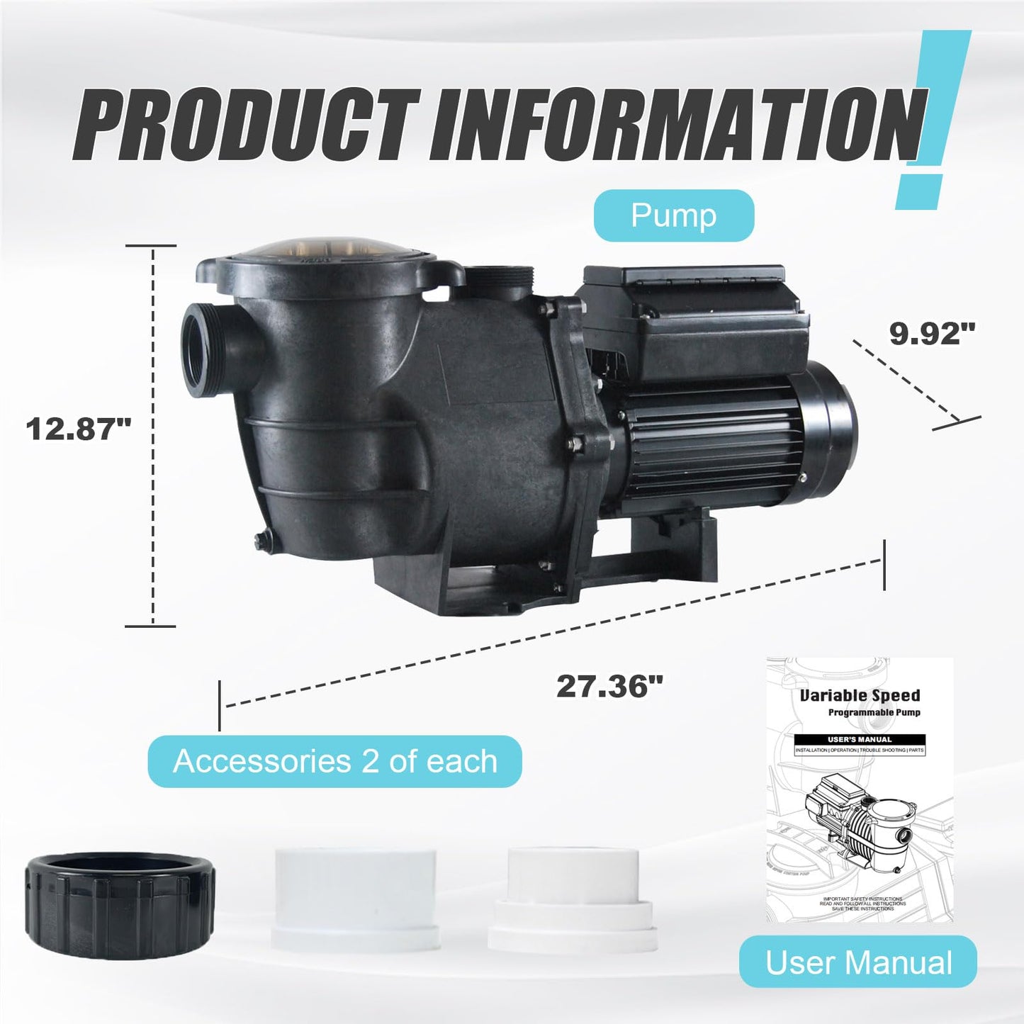 2.5HP Variable Speed Pool Pump, CEC & DOE Compliant, 230V, 10,200 GPH High-Flow Energy-Efficient Pool Filter Pump, Includes 2" & 1.5" NPT Unions