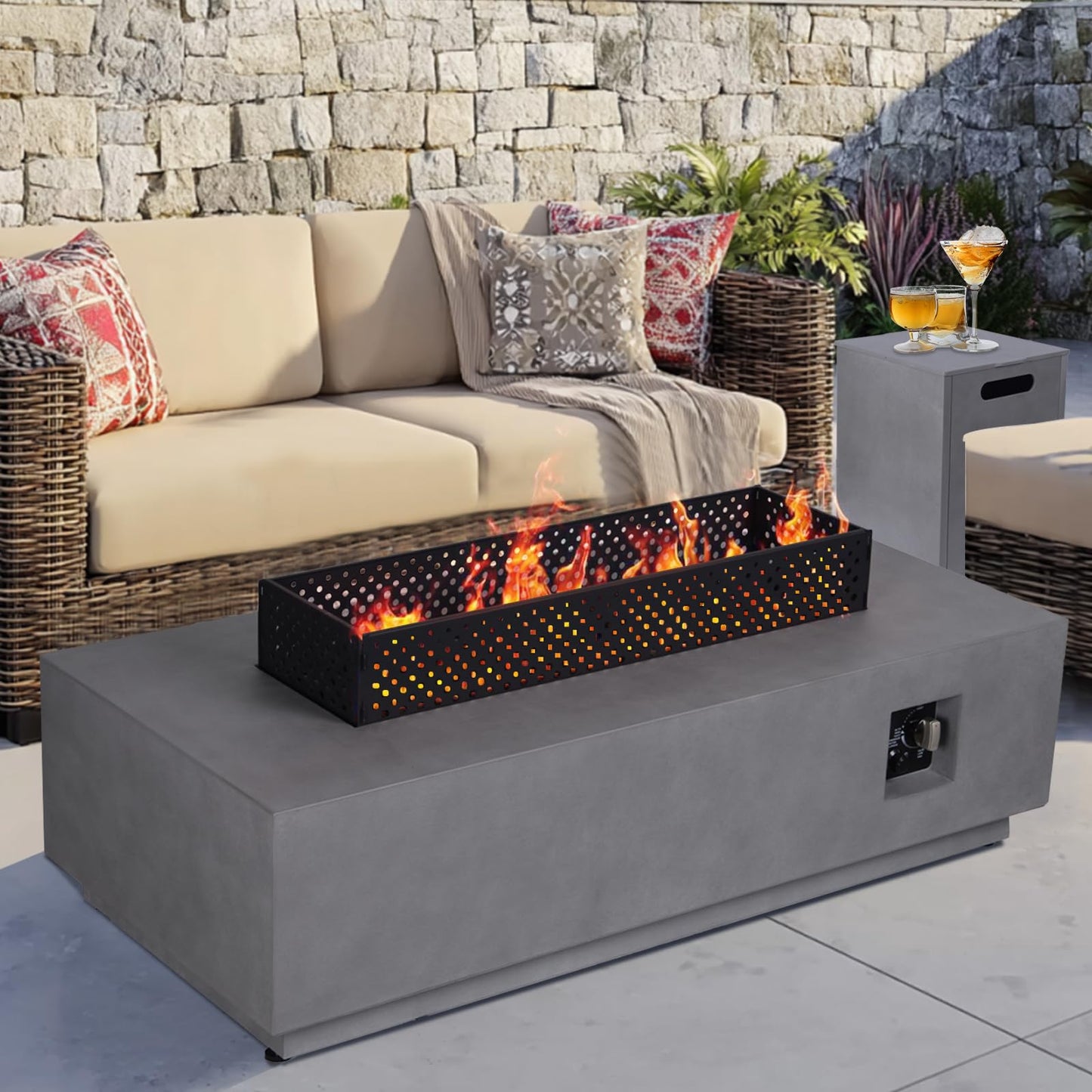 48'' Propane Fire Pit Table, 50,000BTU Rectangle Firepit Table, 3-in-1 Outdoor Fire Table with Tank Hidden Table for Outside Patio, Backyard, Grey