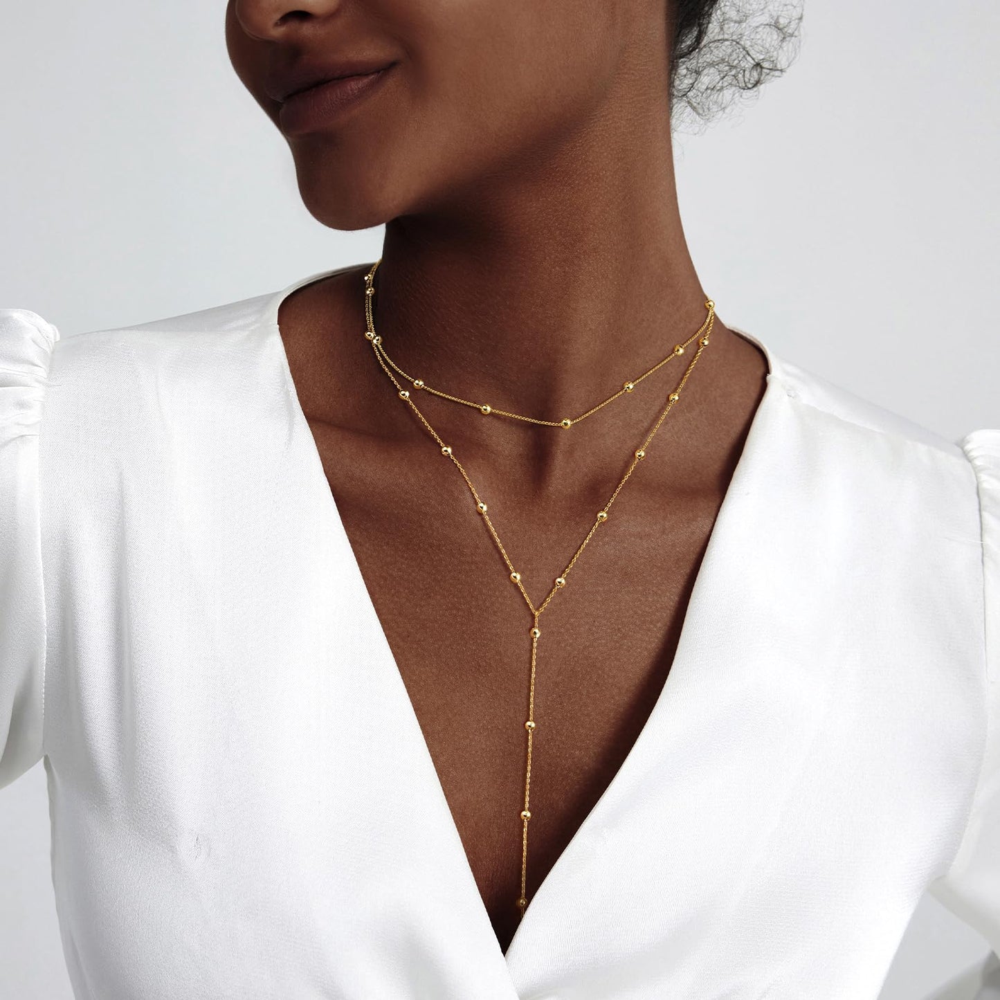Zeffy Dainty Long Gold Necklaces for Women Trendy Lariat Y Necklace 14k Gold Plated Layered Beaded Drop Necklaces Simple Y-Shaped Chain Jewelry Gift Wedding
