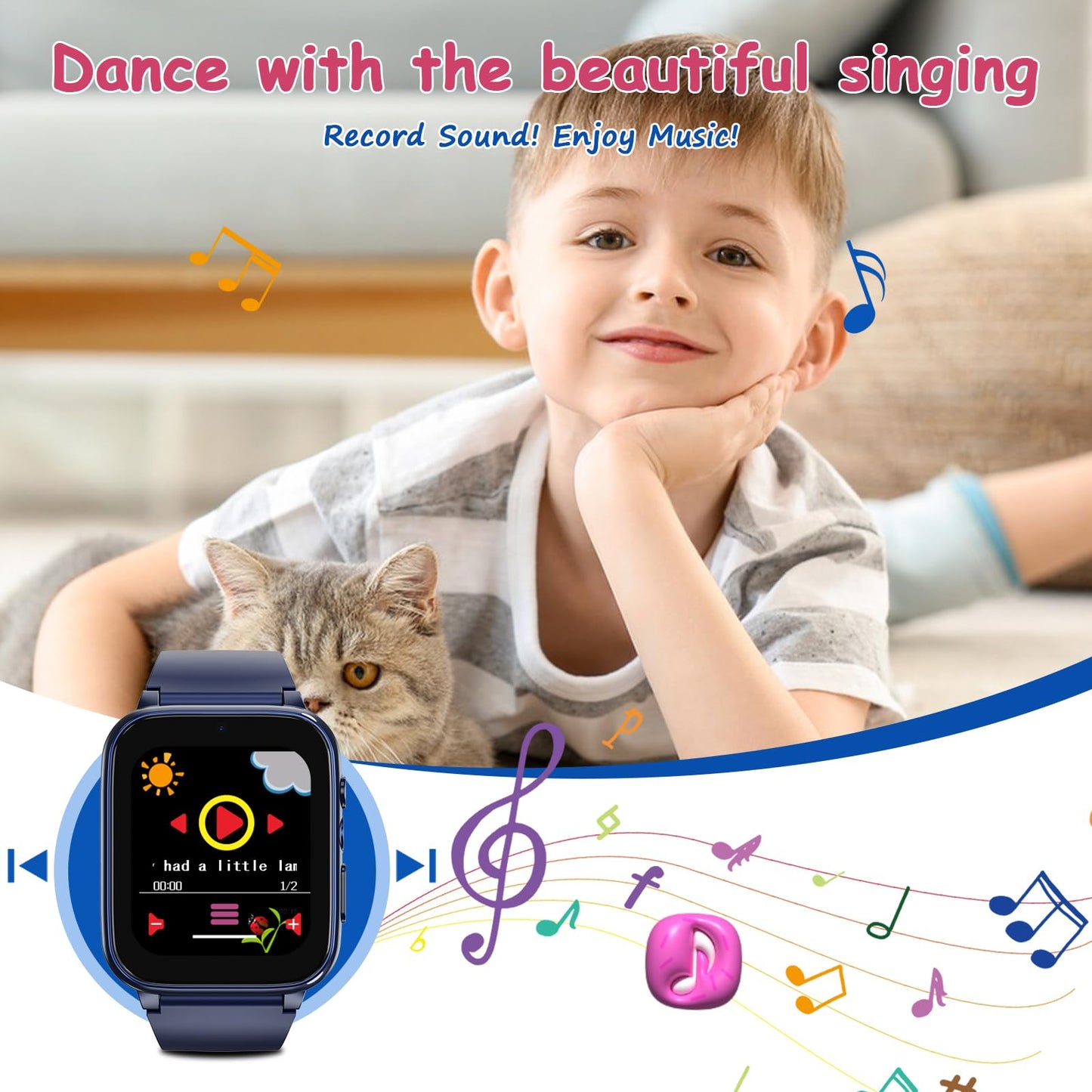 Goodatech 1.69'' Kids Smart Watch 4-12 Years Boys Girls, 26 Puzzle Games,HD Camera,Video Music Player,Pedometer,Flashlight,Alarm Clock,Learn Card,Audio Book,Smartwatch for Children Gifts (Blue)