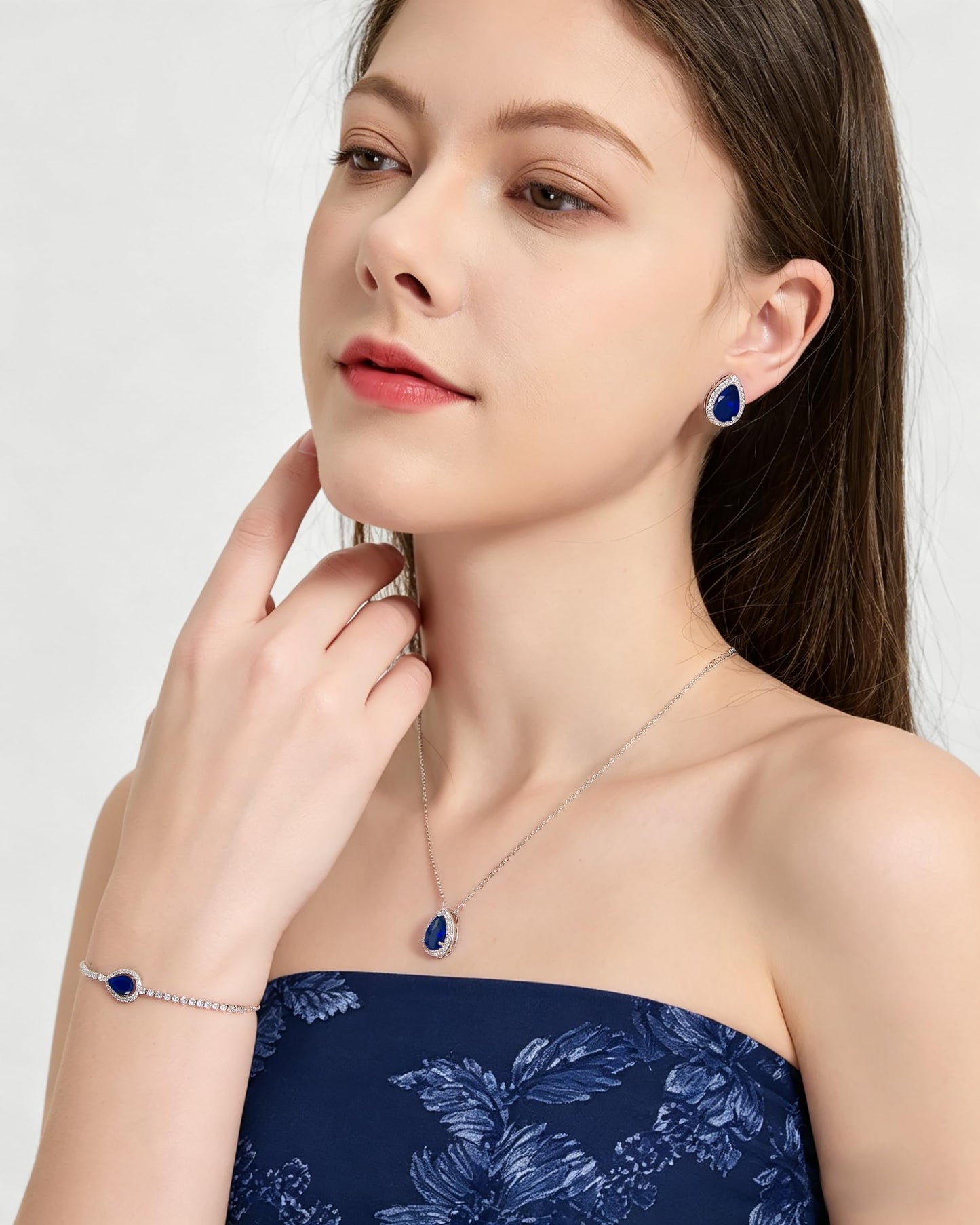 UDYLGOON Teardrop CZ Bridal Jewelry Set Imitation Diamond Earrings Necklace Bracelet for Bride Bridesmaids Wedding Prom Party (Drop-Royal Blue)