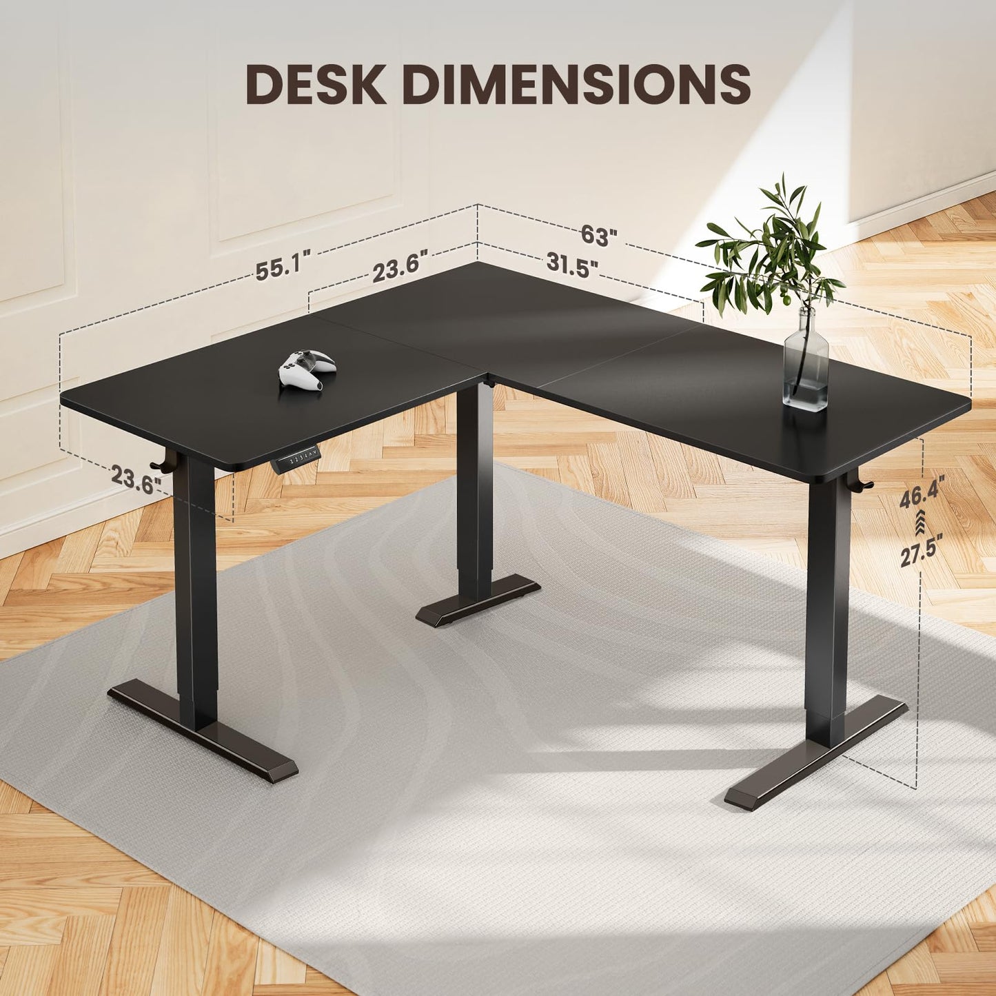 ErGear L Shaped Standing Desk, 63"x55" Electric Adjustable Height Sit Stand up Desk, Ergonomic Large Computer Table, Left & Right Interchangeable Installation, Suitable for Home Office, Black