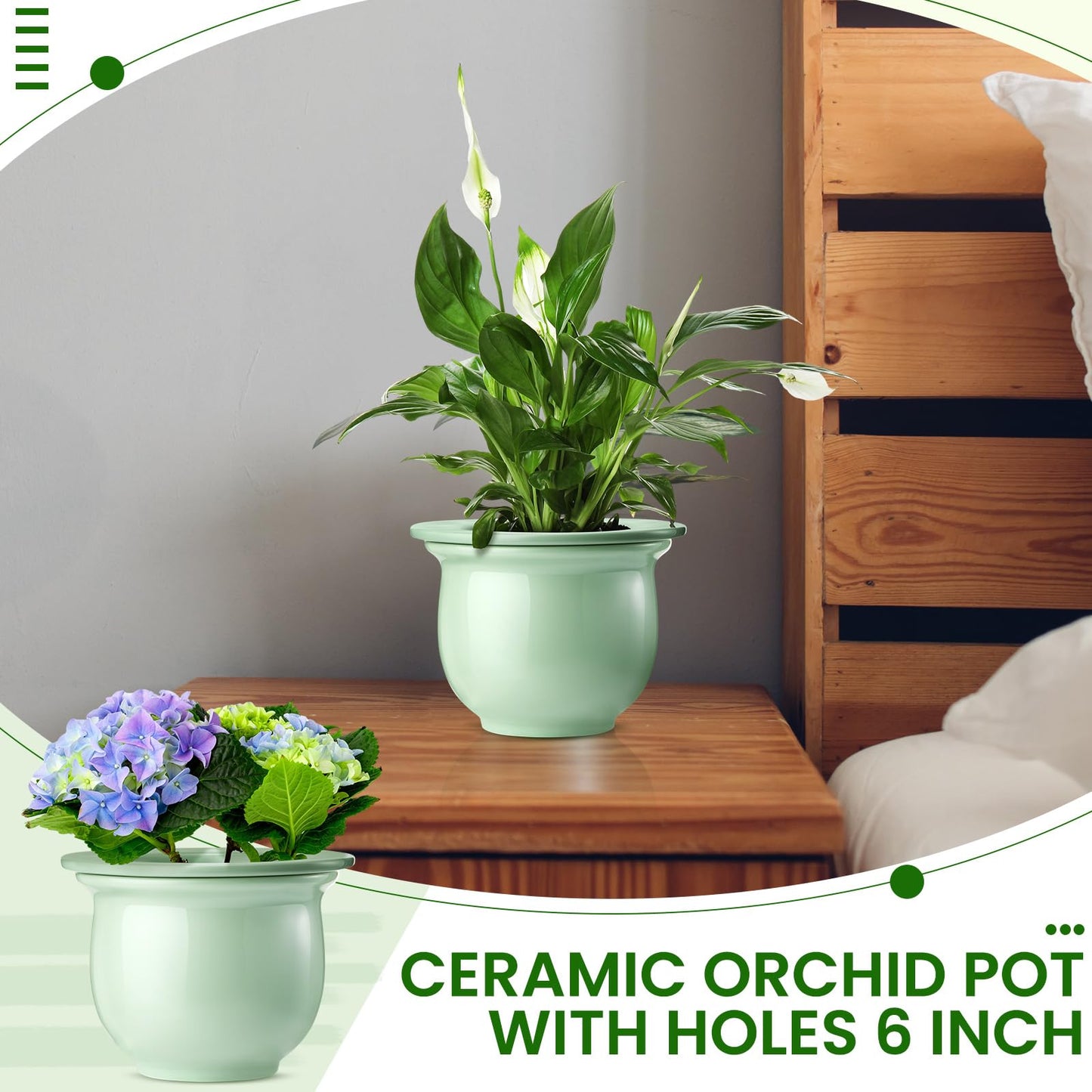 Suclain 2 Pack Ceramic African Violet Pots Self Watering Plant Pot Effortless Self Watering Plant Flower for Busy Lovers, Indoor(Green,6.5 Inch)