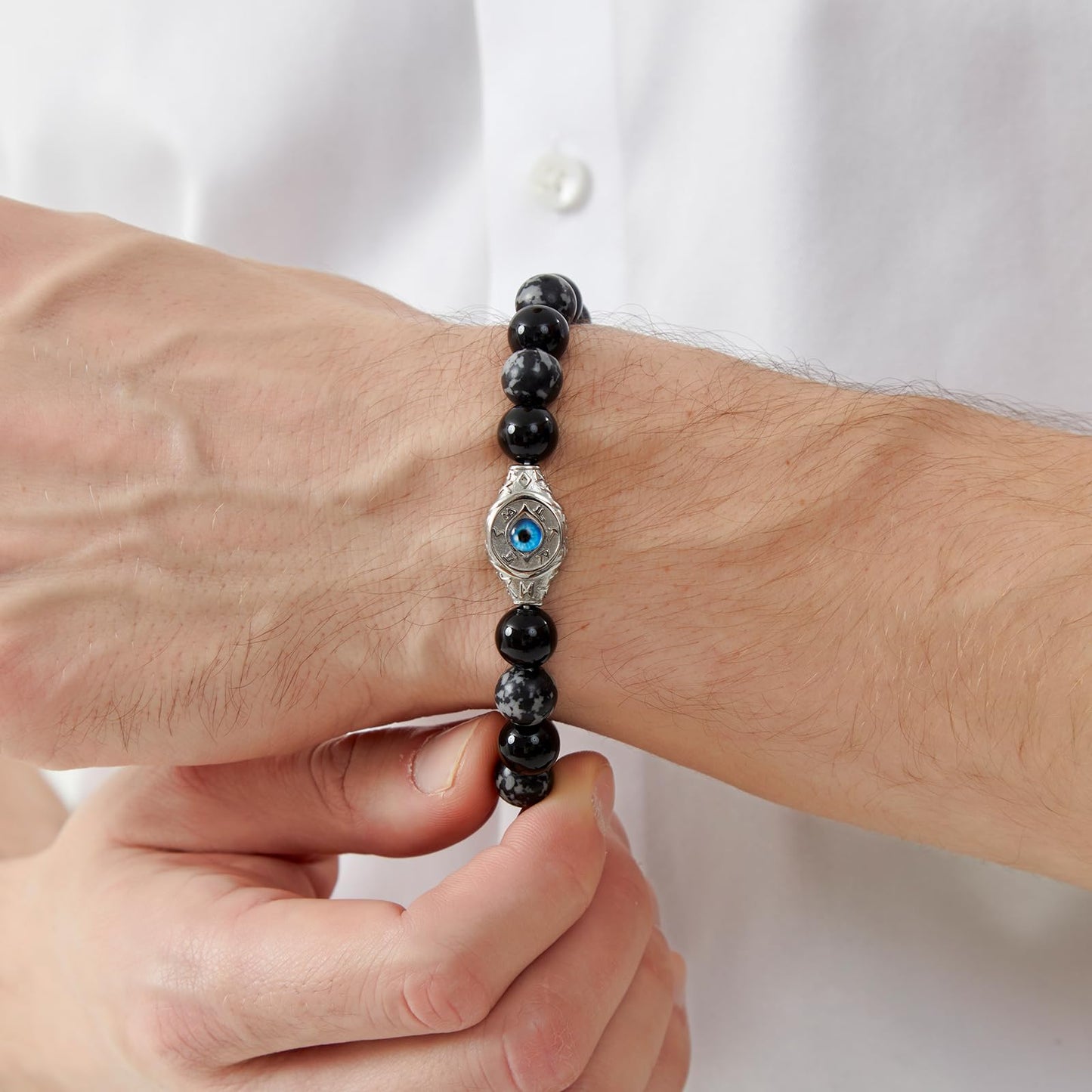 Men's Evil Eye Bracelet, 10mm Beaded Bracelet with Natural Gemstones, Adjustable Elastic Design, Gift for Anniversary, Christmas and Thanksgiving, Silver Obsidian/Tiger Eye/Hematite/Snowflake Obsidian/Black Agate
