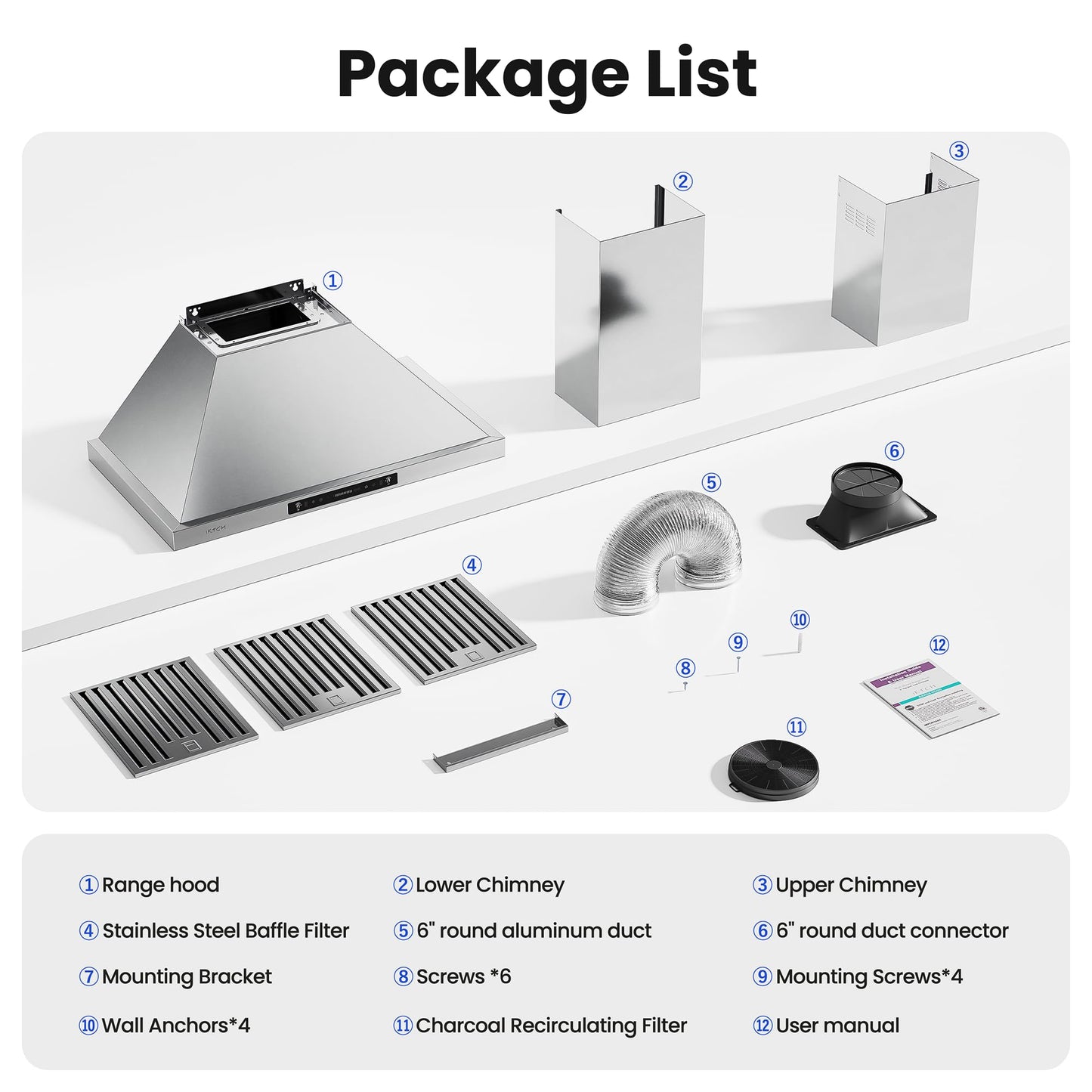 IKTCH 36-inch Wall Mount Range Hood 900 CFM Ducted/Ductless Convertible, Kitchen Chimney Vent Stainless Steel with Gesture Sensing & Touch Control Switch Panel, 2 Pcs Adjustable Lights(IKP02-36'')