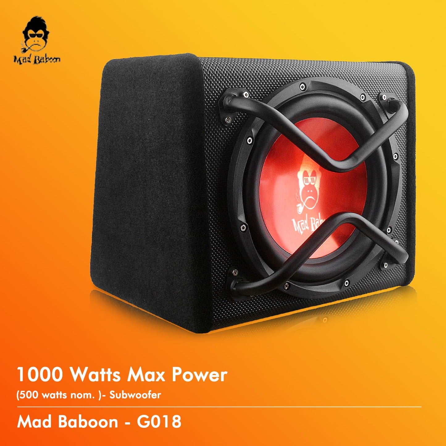 Amazonian cars 10"" 1000W Edition Active Car Subwoofer, Includes Loaded Enclosure with Amplifier (Subwoofer-B), Red