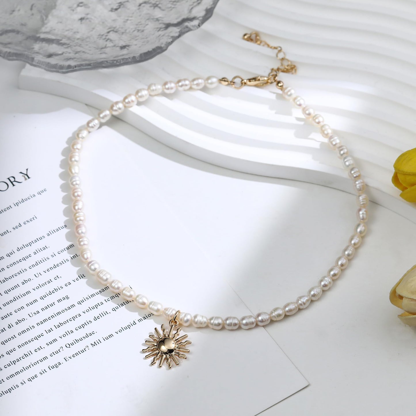 wgoud Natural Freshwater Pearl Choker Necklace for Women, Trendy 14K Gold Plated Pearl Necklaces Handmade Jewelry Gift (Sun Necklace)
