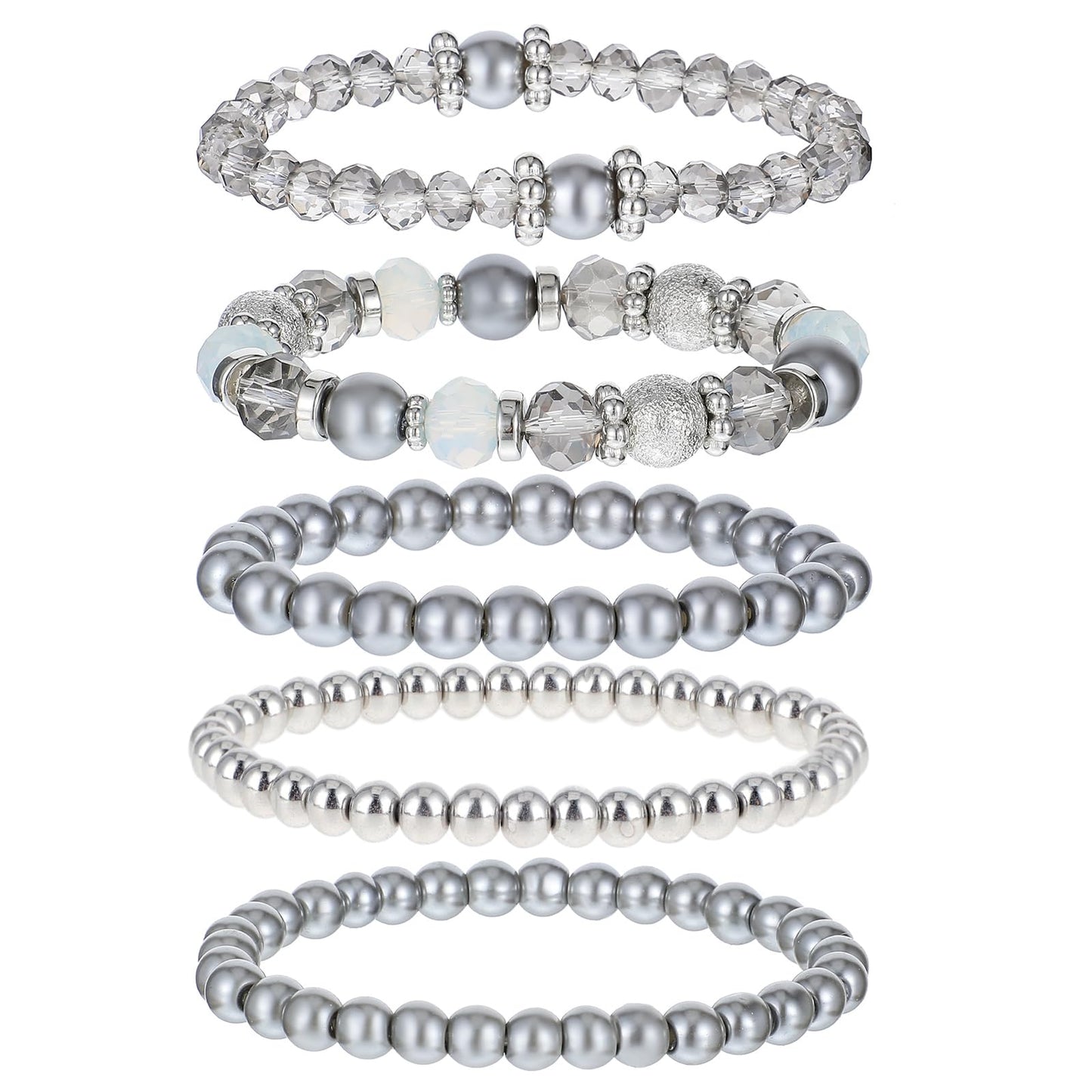 DIVINA VITAE 5 Pcs Beaded Stretch Bracelets Grey Stackable Bracelets Crystal Bead Bracelet Boho Beaded Bracelets Stretch Layering Crystal Stone Beaded Bracelets Trendy Costume Jewelry Gifts for Women