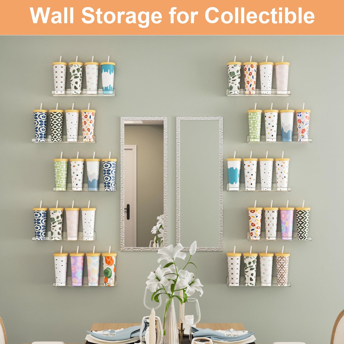 upsimples 8 Pack Acrylic Shelves Wall Organizer and Storage, 15" Display Shelf for Figure, Toy Cars, Perfume, Kids Bookshelf for Bedroom, Nursery, Craft Room, Clear