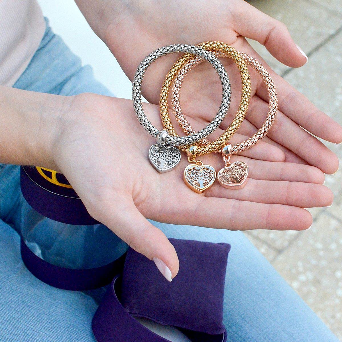 SILANER Crystal Charms Multilayer Bracelets - 3PCS Gold/Silver/Rose Gold Corn Chain Bracelet for Women, Tree of Life Heart Shaped Stretch Bracelet(TREE OF LIFE HEART EDITION CHARM)