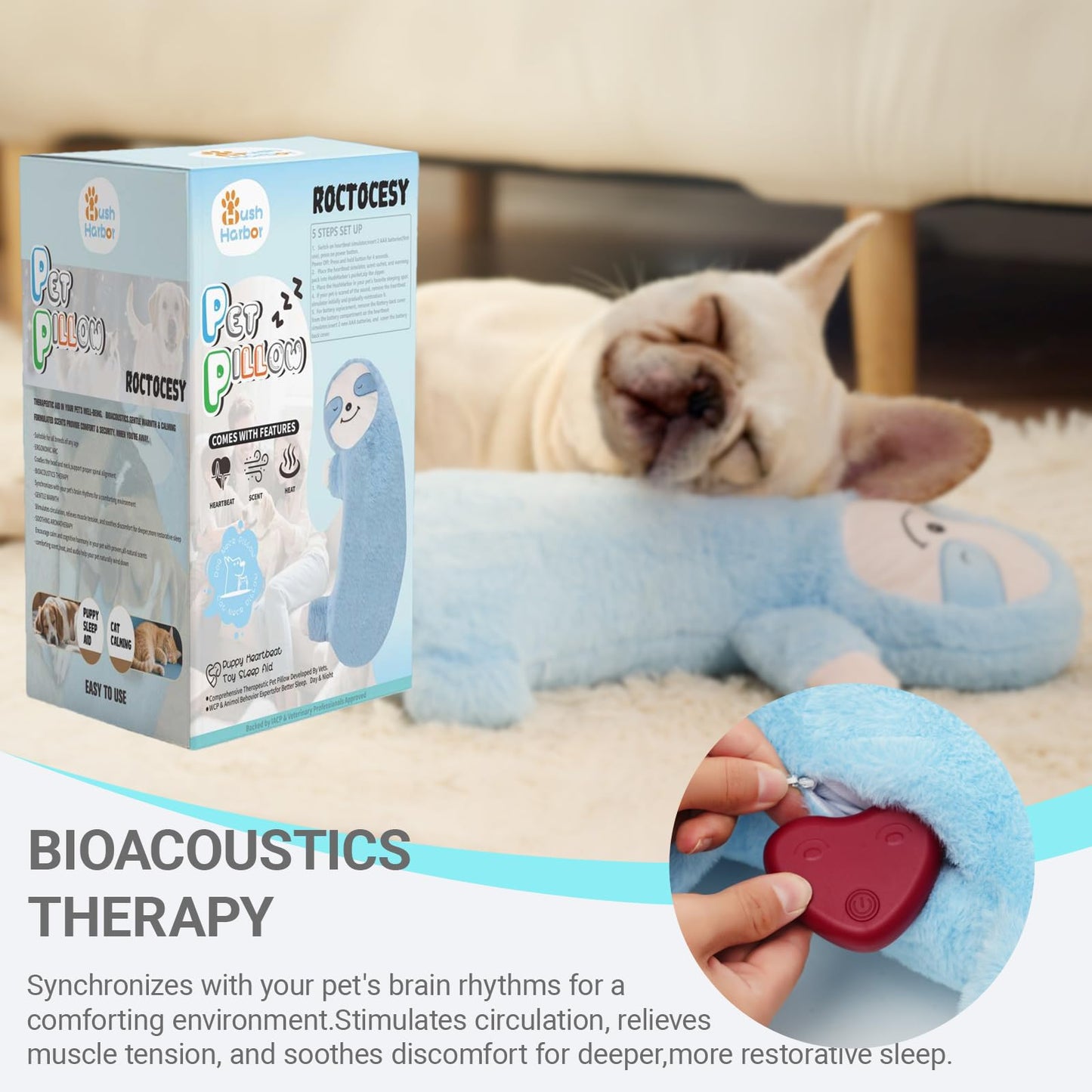 Roctocesy HushHarbor Puppy Heartbeat Toy Pillow, Anxiety Relief Sleep Aid, Sloth-Shaped Protects Neck Dog Plush Toys,Cat Neck Pillow & Pet Calming