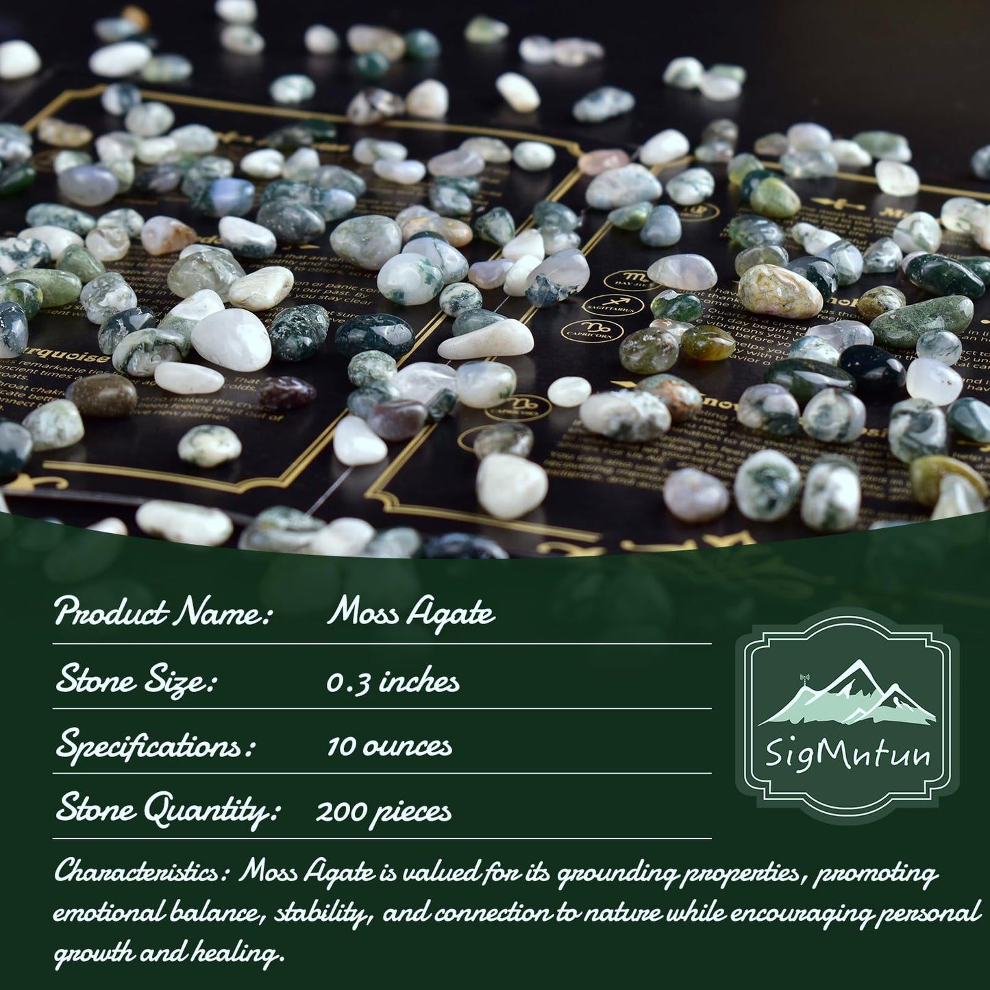 SigMntun Polished Moss Agate Crystal Chips 200 Pcs - 0.3" 10 oz Tumbled Stone Chips Crushed Sea Glass Stones Healing Reiki Crystal Jewelry Making Home Decoration