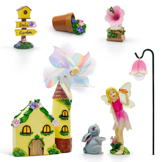 DONABELA Fairy Garden Kit Pink Mini Windmill House Decor Set Rabbit Flower Pot Supplies Signpost CD Player Resin Figurines Accessories Gift Indoor Outdoor Yard