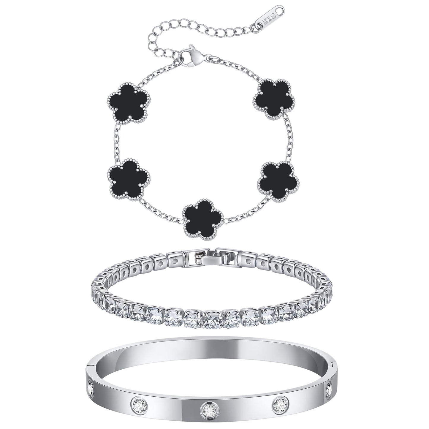 Womens Stackable Floral Silver Bracelets - 3Pcs Silver Sterling Bracelet,Stainless Steel Bangle Bracelets Non Tarnish, Stacked Bracelet Set Trendy Jewelry,Christmas Prom Birthday Gifts for Girlfriend
