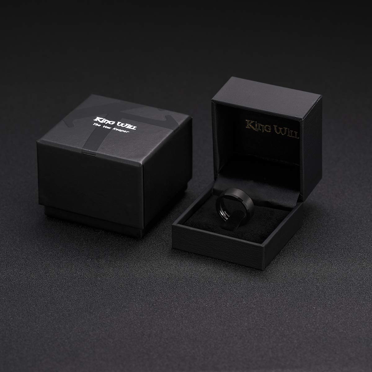 King Will 8mm Men's Black Tungsten Wedding Ring - Brushed Matte Surface, Beveled Polished Edge, Comfort Fit Size 10