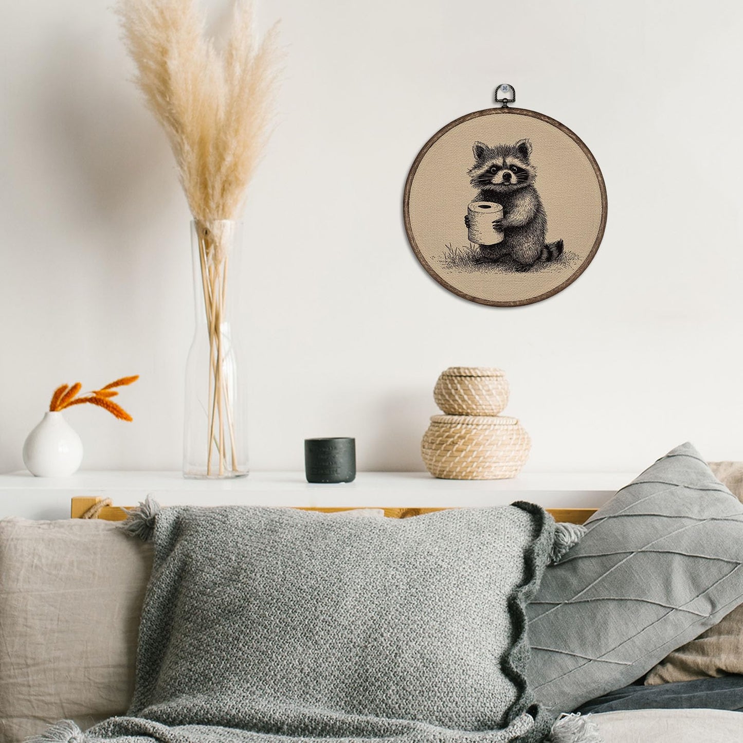 YH547-YGH01 Giosve Funny Raccoon Bathroom Round Wall Art Canvas Framed Poster, Rustic Neutral Sketch Raccoon Holding Toilet Paper Hanging Wall Sculptures for Washroom Bathroom Restroom Decor, 10x10 Inch