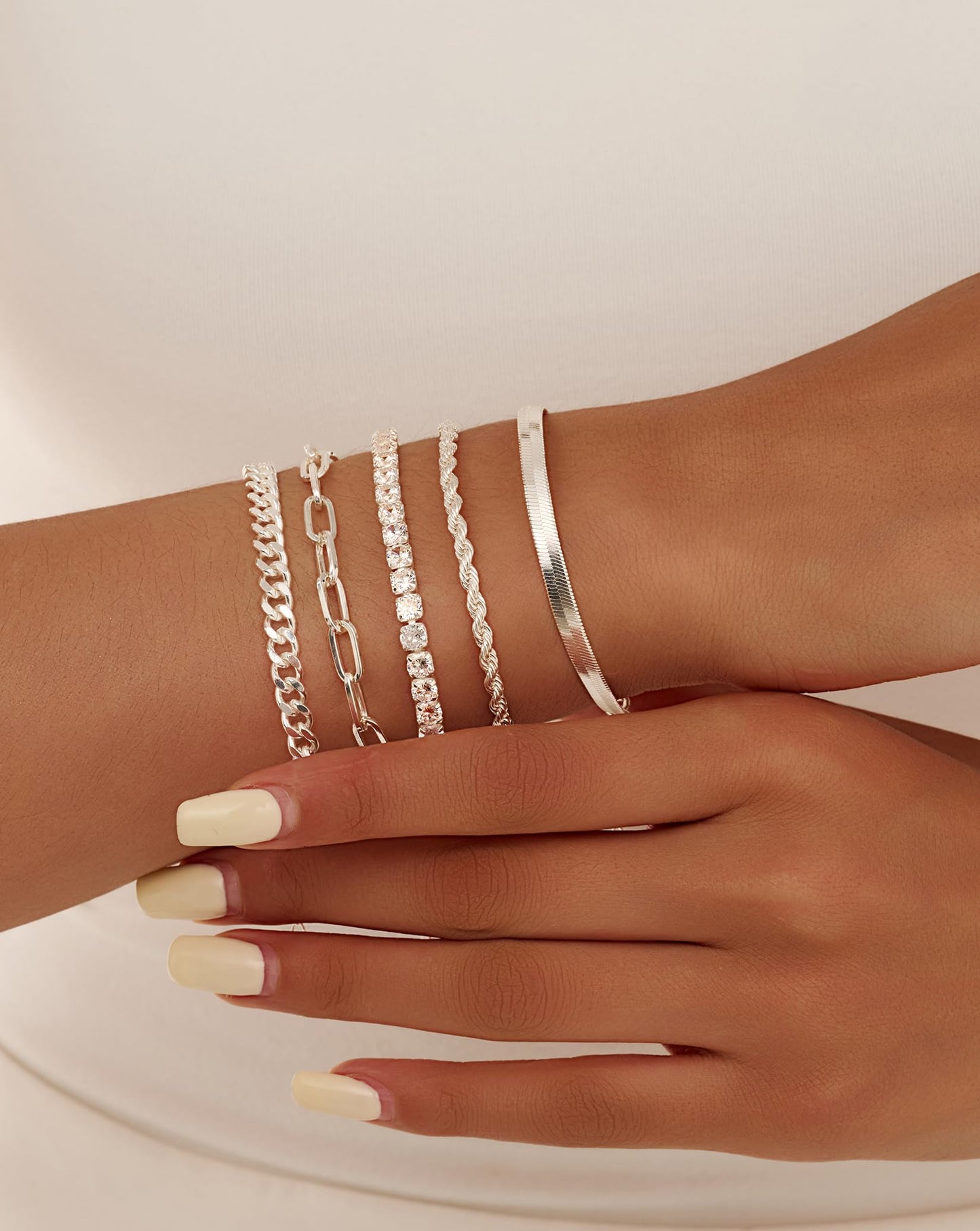 Gold Bracelets for Women 14K Gold Plated Stack Trend Bracelets Charm Paperclip Chain Cuban Link Layered Waterproof Bracelet Dainty Bracelet for Women Jewelry Gifts (5Pcs Silver)