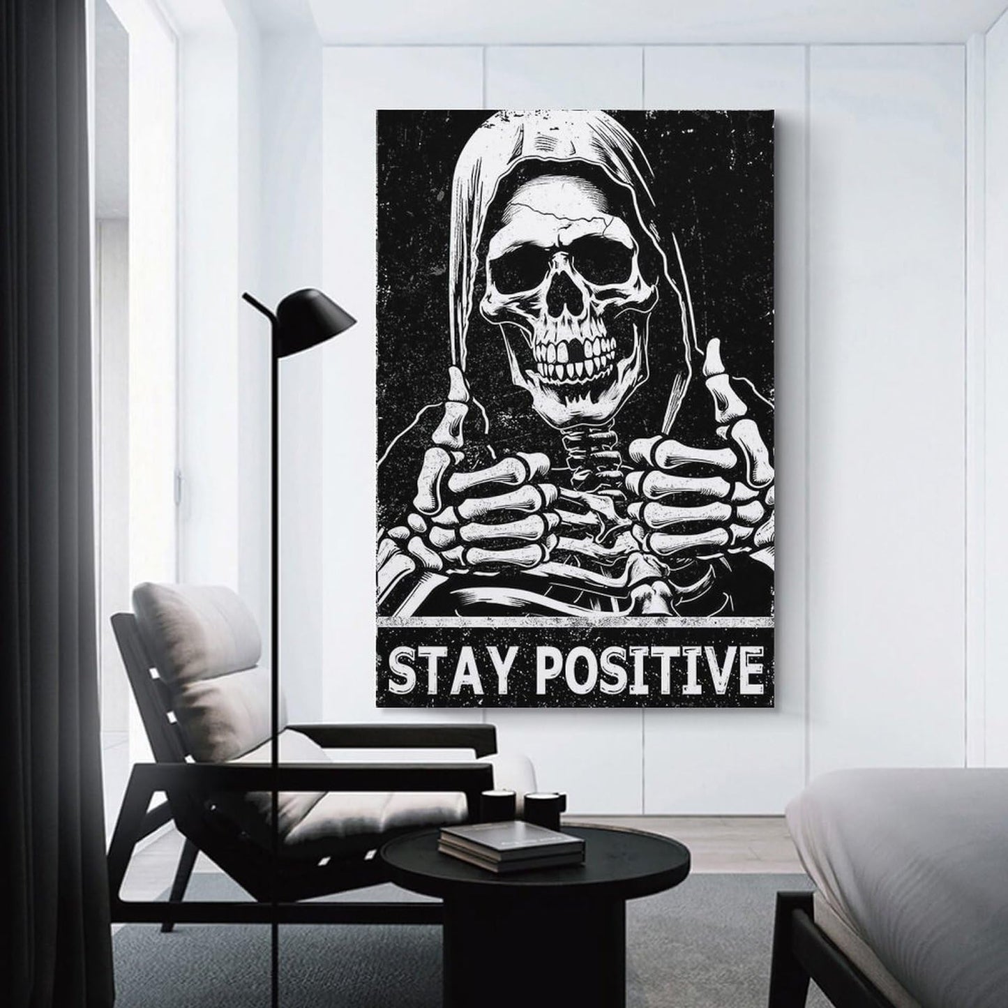 MAIHAIBAO Funny Stay Positive Skull Canvas Wall Art - Dark Humor Grim Reaper Poster - Motivational Gothic Decor for Bedroom & Office - 12x18 Inch (Unframed)