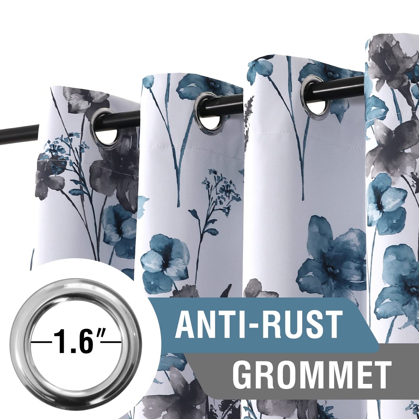 H.VERSAILTEX 100% Blackout Curtains 84 inch Length 2 Panels Set Cattleya Floral Printed Drapes Leah Floral Thermal Curtains for Bedroom with Black Liner Sound Proof Curtains, Grey and Blue