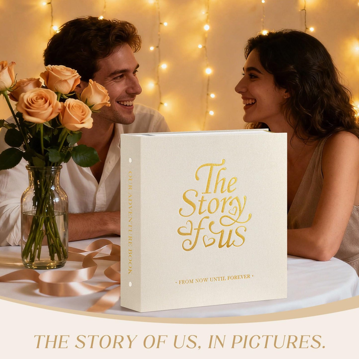 Lanpn Couples Scrapbook Photo Album - The Story of Us, Linen Wedding Anniversary Self Adheisve Picture Book holds 4x6 5x7 A5 Photo for Love Newlywed Valentine's Day (Large 40 Sheets/80 Pages, Beige)