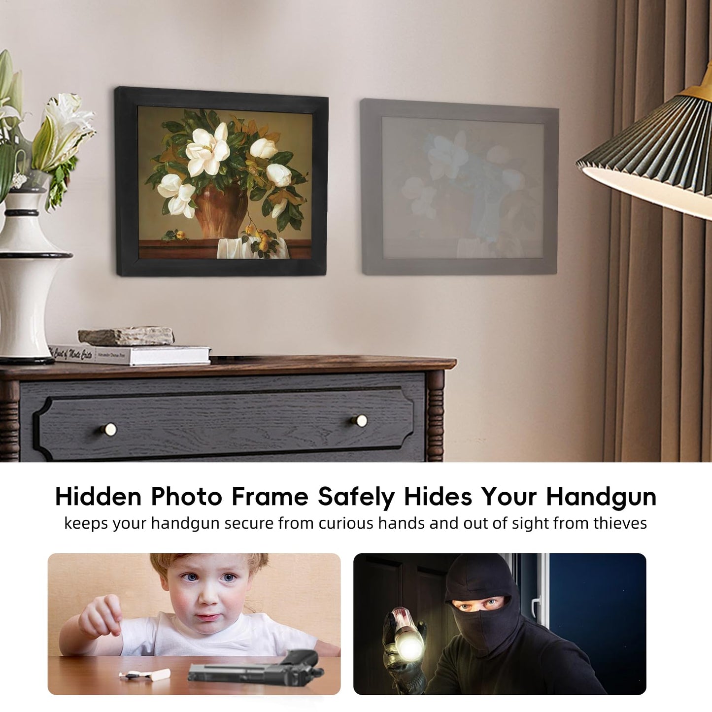 Dononr Hidden Gun Storage, Hidden Gun Safe for Pistols with Magnetic, Wooden Picture Frames for Handgun, Hidden Storage Gun Safe Home Furniture, Concealment Furniture Picture Frame Box, Black