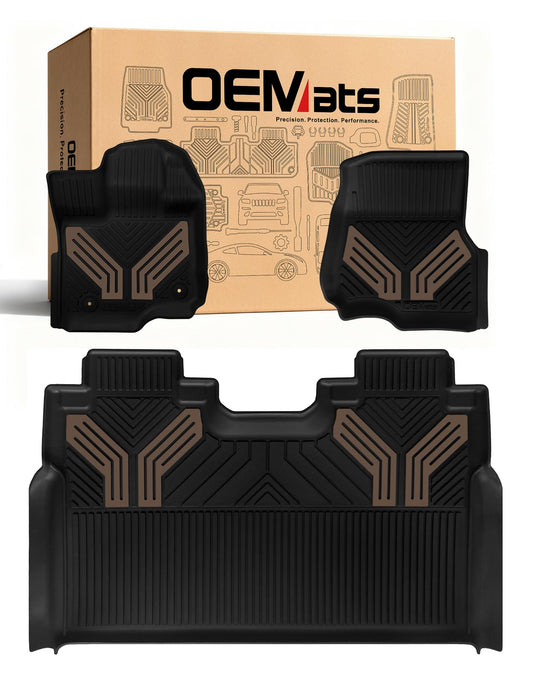 OEMats Premium Color TPE Floor Mats for Ford F-150 2015-2026 | Saddle Brown Wing Design| F150 Lightning 2022-2025 SuperCrew (Rear w/o Fold Flat Storage) | Heavy Duty Car Carpet All-Weather Protection