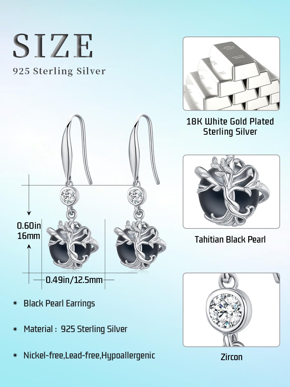 KANNSOAR Tree of Life Tahitian Black Pearl Drop Earrings, 9mm Pearl, 18K White Gold Plated Sterling Silver with Zircon Tahitian Jewelry Gift for Women Wife Mom Girlfriend Her