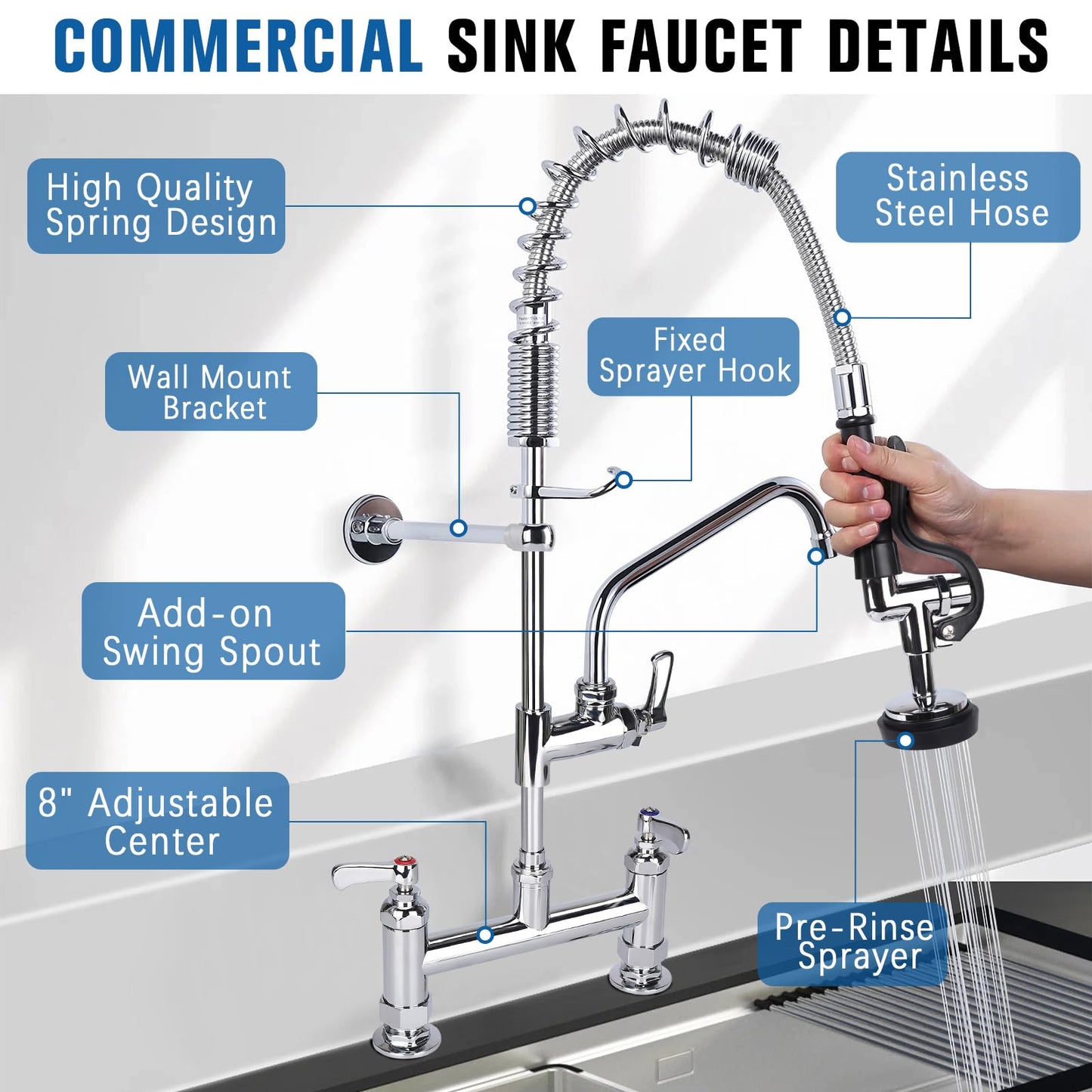 21" Height Commercial Sink Faucet Deck Mount with Pre-Rinse Sprayer, Commercial Kitchen Faucet with 8" Add-on Swing Spout Faucet & Spring Pull Down Sprayer, 8" Adjustable Center Kitchen Faucet