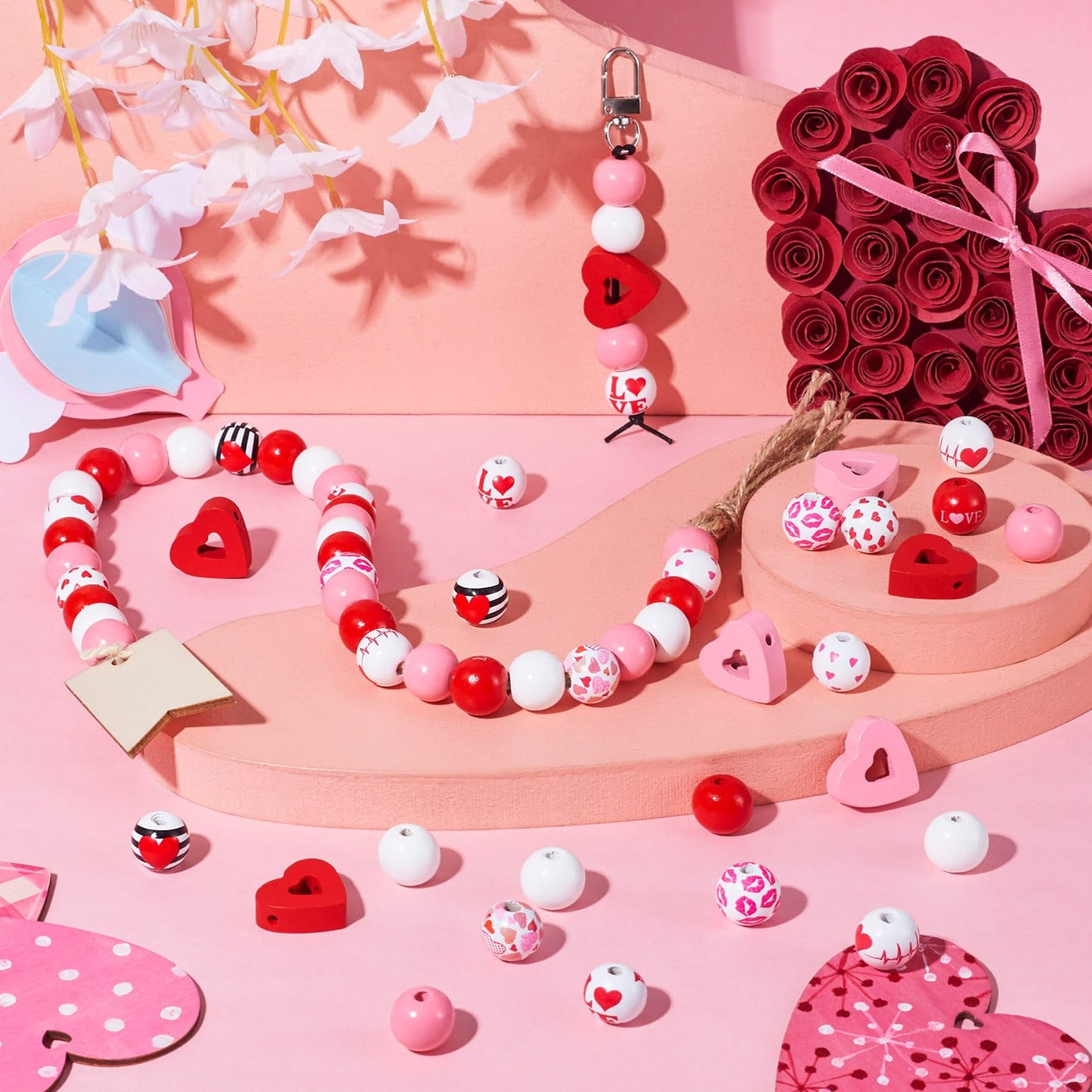 Beadthoven 180pcs Heart Wooden Beads 16 mm Round Wooden Craft Beads DIY Valentine’s Day Beads Natural Loose Spacers Handmade Red Pink Tassel Garland Beads for DIY Crafts Party Jewelry Making Supplies