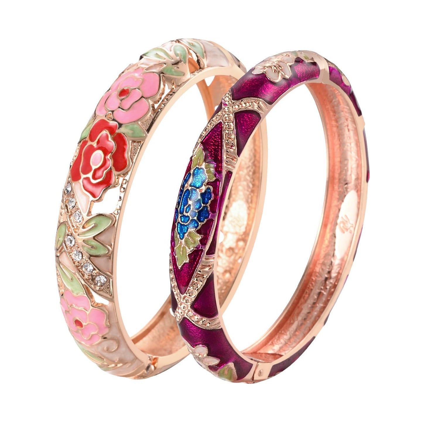 UJOY Vintage Cloisonne Bracelet Beautiful Flower Enamel Hinge Plated Rose Bangles Jewelry for Women's Gifts 88C06-55A128 Pink Purple