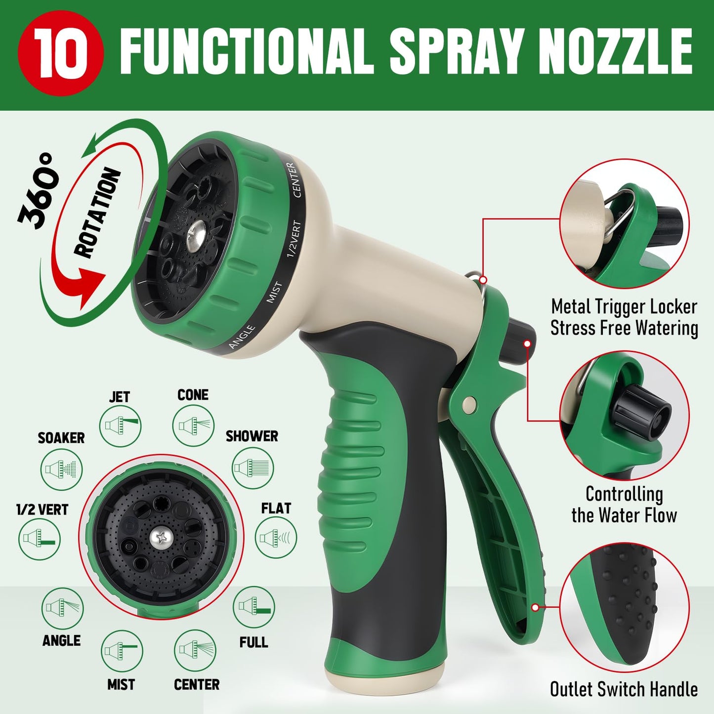 Garden Hose 25 ft x 5/8" with Nozzle, Water Hose Heavy Duty Flexible, Lightweight Kink-less Hybrid Hose with Swivel Handle, Male to Female Fittings