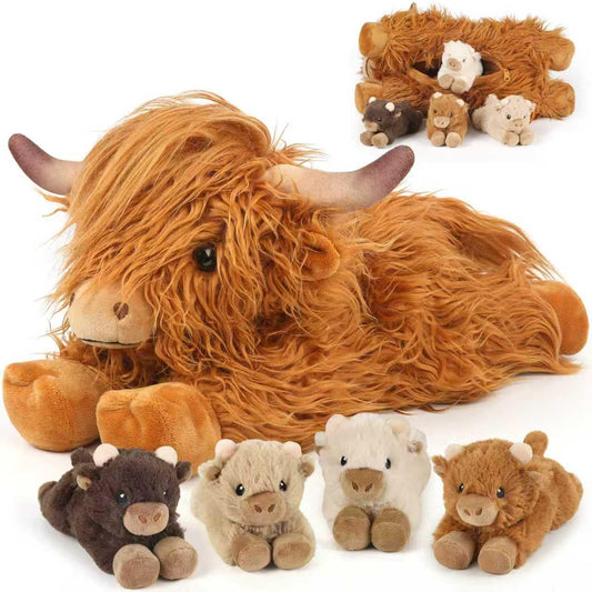 5PC Highland Cow Stuffed Animals with Babies Inside, 1 Mommy Highland Cow Plush & 4 Surprise Babies, Cute Plush Toy for Kid Boys Girls Ages 3 4 5 6 7 8, Gift Ideal for Christmas, Valentine's, Birthday