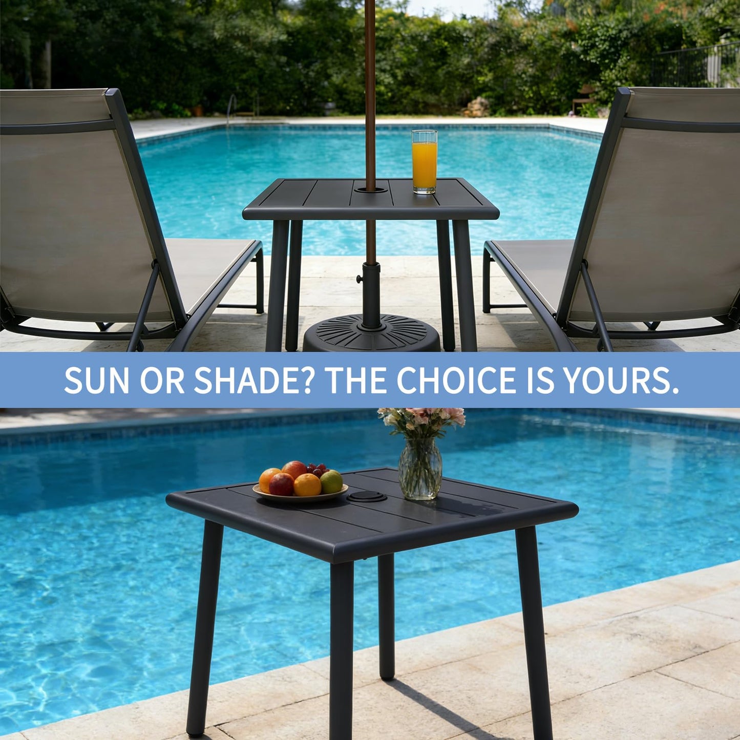 UFavo Home Small Metal Outdoor Side Table with Umbrella Hole Set of 2, Sqaure Patio Coffee Bistro Table End Table, Umbrella Table with Hole for Poolside Yard Porch Deck Balcony,19.7x19.7 inches, Black