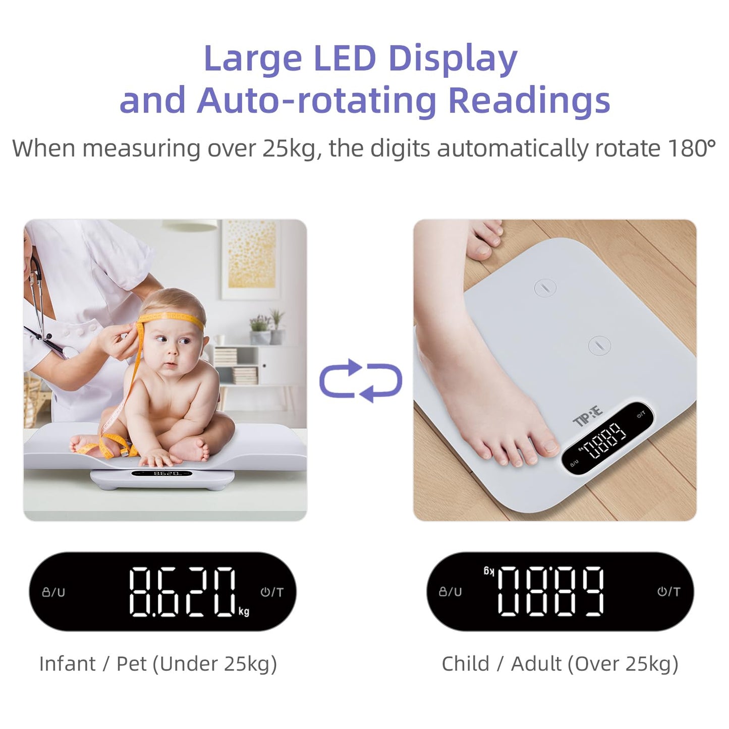 TIPRE Baby Weight Scale, Infant Scale with Detachable Tray, Pet Scale for Cat Dog, Multiple Weighing Scale for Toddler, Children, Pet and Adult Auto-Rotation LED Screen, Up to 400lb/180kg