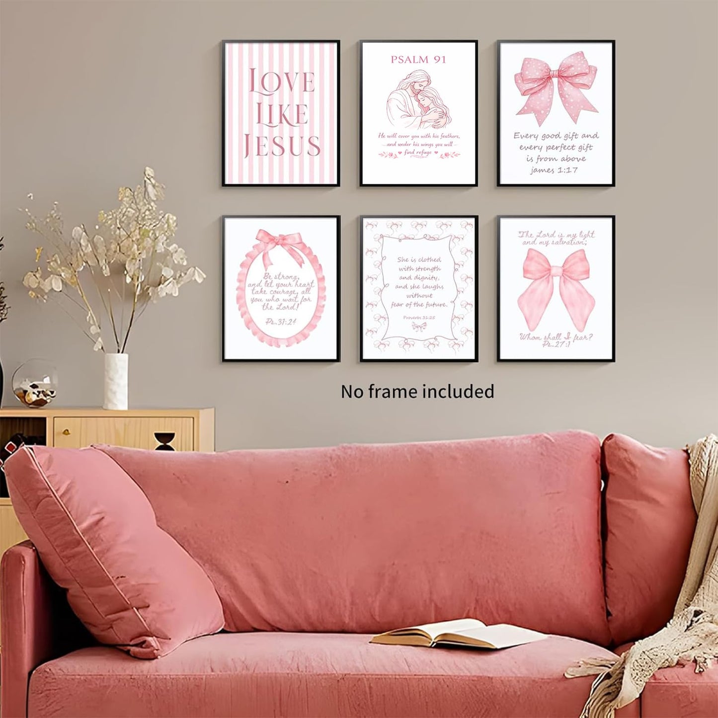 Pink Christian Wall Art Decor Posters Pink bow scriptures Inspirational Bible Wall Decor Room Bedroom Bathroom Dorm Wall Art Decor for College Teen Girls Gifts 10x8 Inch Set of 6pc Pictures UNFRAMED