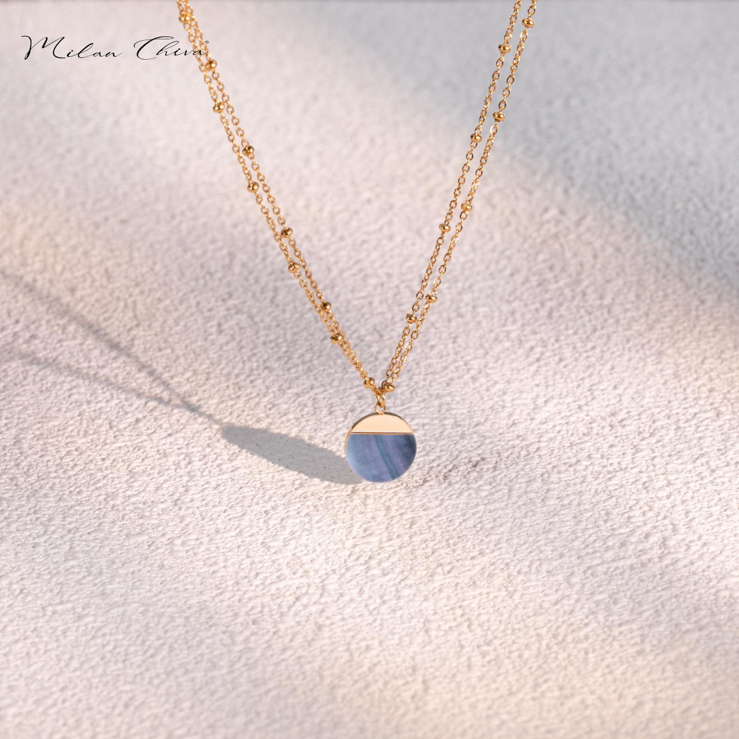 Milan Chiva 14K Gold Plated Grey Mother of Pearl Layered Stacked Necklace for Women, Dainty Trendy Non Tarnish Circle Pendant Charm Necklaces Fashion Jewelry for Women Waterproof MNS-1008GY