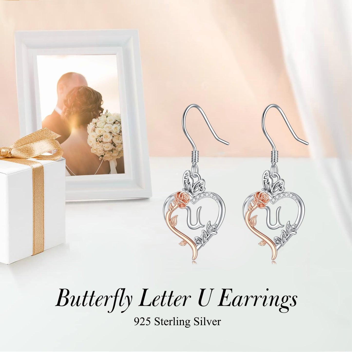 TOUPOP Rose Heart Initial Earrings Sterling Silver Butterfly Earring Initial U Letter Drop Dangle Earrings Jewelry Anniversary Birthday Mothers Day Gifts for Women Mom Wife Girlfriend Her