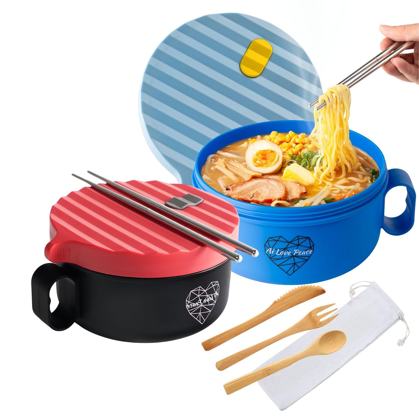 AI LOVE PEACE Ramen Bowls, 40 oz Large Microwavable Noodle Bowls (1 Blue, 1 Red) with Chopsticks, Sporks, and Utensil Bag, Portable Microwave Bowl for Home, Office, Dorm, or College Gift.