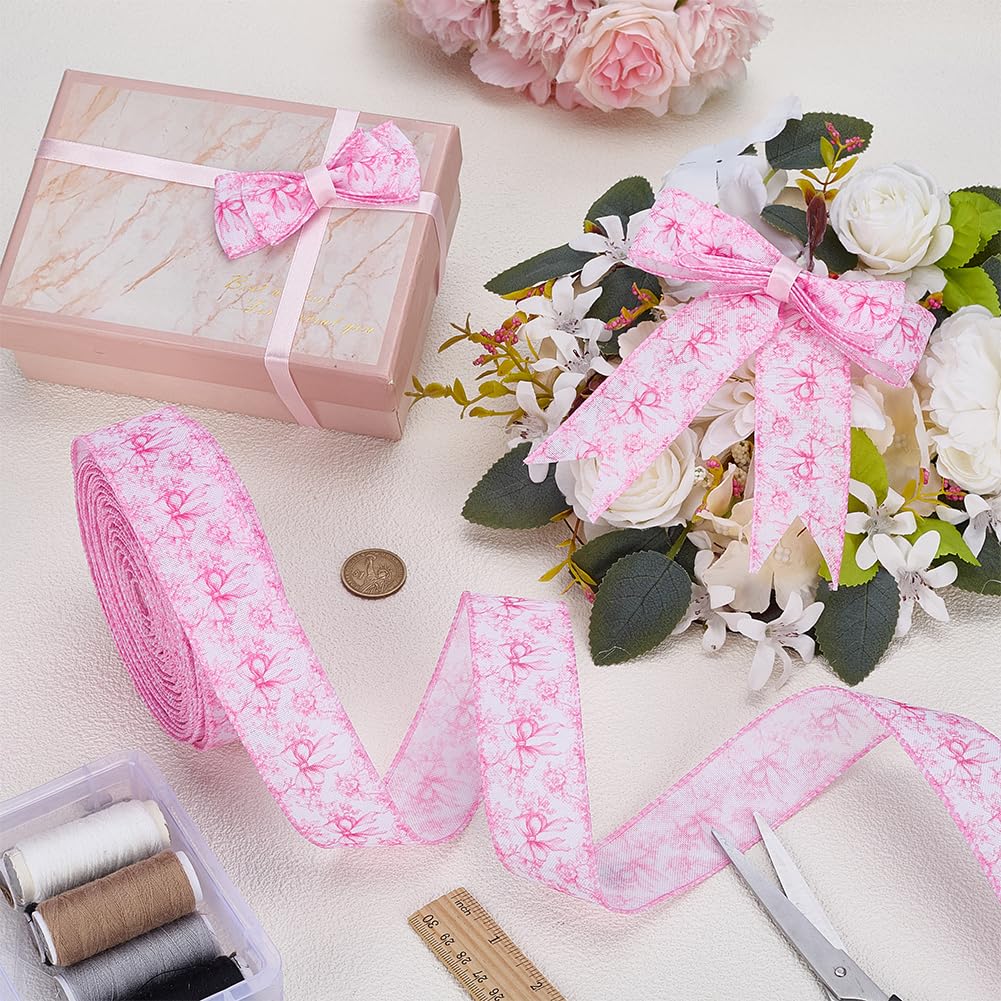 FINGERINSPIRE 16Yards Pink Floral Bow Wired Edge Ribbon 1-1/2 inch Wide Flower Bowknot Fabric Ribbons Pink Bowknot Decorative Webbing Ribbon for DIY Crafts Wreath Bow Making DIY Craft Supplies