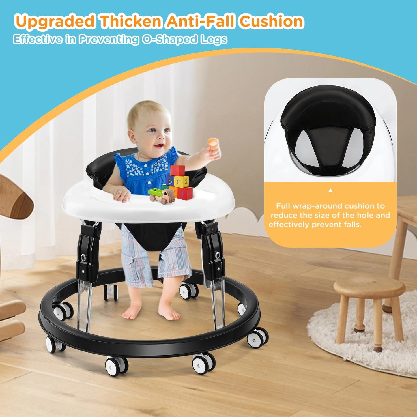 Wnttmt Baby Walker with Wheels, One-Touch Folding Baby Walkers with Height Adjustment, Large Dinner Plate and Brake, Walker for Baby Boy Girls 6-18 Months, Black